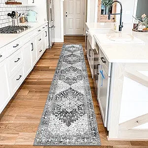 Washable Runner Rug, 2x10 Non-Slip Boho Vintage Hallway Rug Runner with Rubber Backing, Stain Resistant Distressed Carpet Runner for Bedroom, Kitchen, Laundry, Entrance