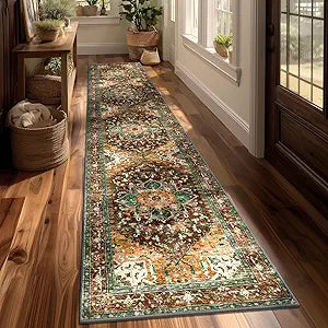 Washable Runner Rug, 2x10 Non-Slip Boho Vintage Hallway Rug Runner with Rubber Backing, Stain Resistant Distressed Carpet Runner for Bedroom, Kitchen, Laundry, Entrance